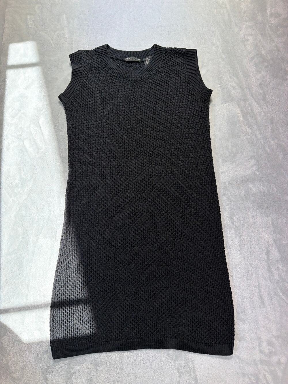 Tahari Jet Black Open Knit Sleeveless Sweater Dress Cover Up Size XS